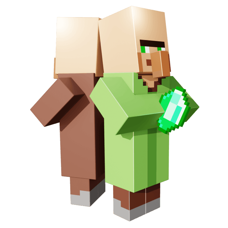 Иллюстрация: житель Minecraft с монетами
